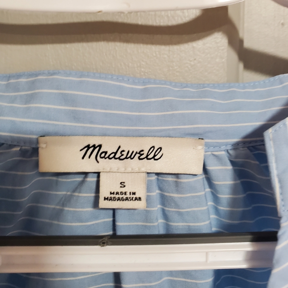 Madewell Blouse Women Size Small Light Blue Striped tie-sleeve popover top - Picture 4 of 12